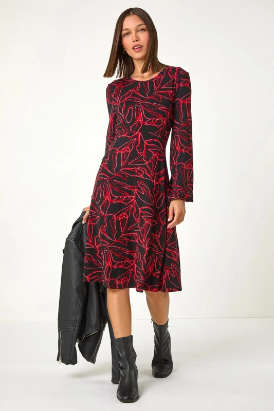 Image of Roman Leaf Print Stretch Tea Dress Red