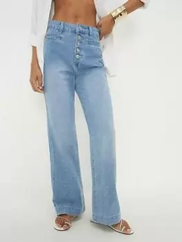 Image of Dorothy Perkins Wide Leg Button Jeans - Light Wash, Blue, Size 14, Women