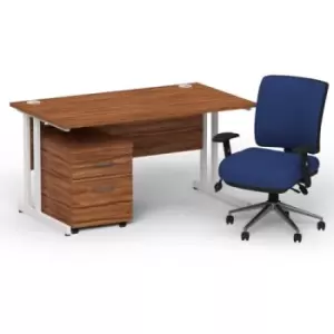 Image of Impulse 1400 x 800 White Cant Office Desk Walnut + 2 Dr Mobile Ped & Chiro Med Back Blue W/Arms