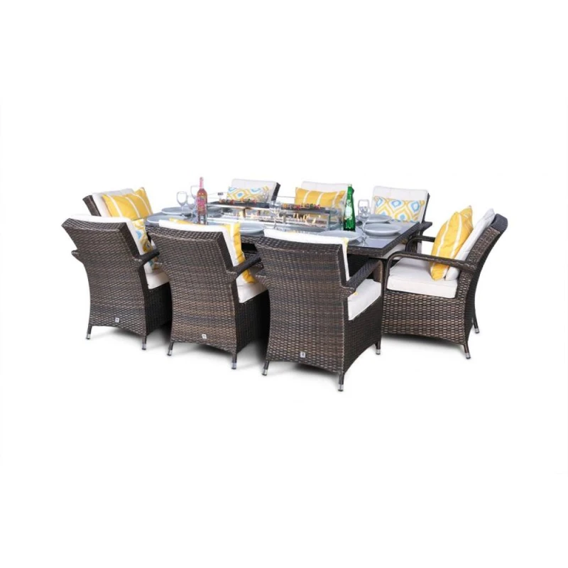 Image of Thats Furniture Arizona Fire Pit 8 Seater Rectangle Rattan Dining Set in Brown Brown Unisex