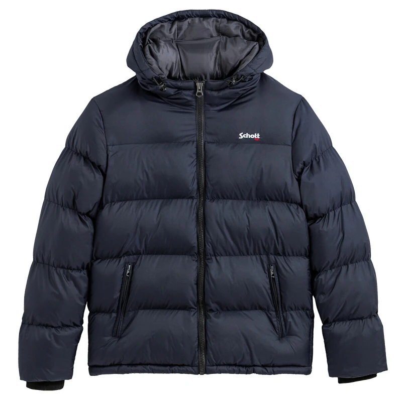 Image of Schott Idaho 2 Hooded Puffer Jacket with Zip Fastening Navy Blue Nylon M