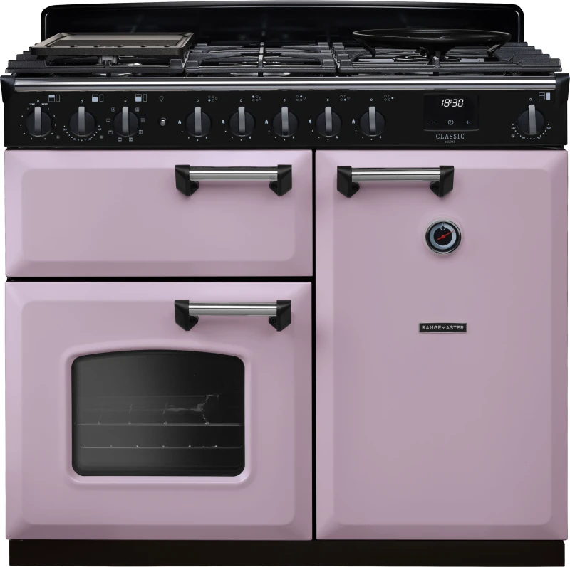 Image of Rangemaster Classic Deluxe 100 Dual Fuel CLDL100DFPHTH/CM1 100cm wide Dual Fuel Range Cooker with Gas Hob - Heather / Chrome - A Rated
