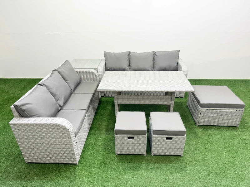 Image of Fimous Outdoor Garden Furniture Sets 9 Seater Wicker Rattan Furniture Sofa Sets with Rectangular Dining Table high Back Lounge Sofa 3 Stools Side Tabl