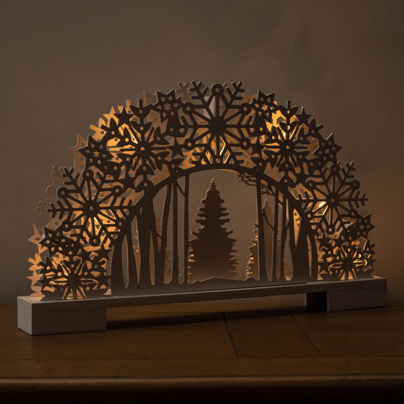 Image of 45cm Battery Operated White Wooden Snowflake Arch & Christmas Trees with 10 Warm White LEDs