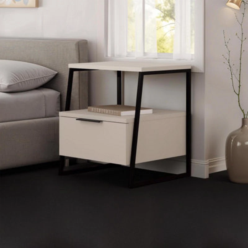 Image of FWStyle FWStyle Sandstone 1 Door Bedside Table Nightstand Black Metal in Beige Beige One Size Unisex 5056413133281
