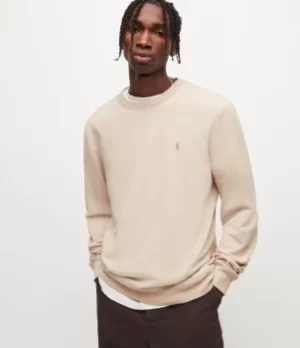 Image of AllSaints Mens Raven Crew Sweatshirt, Sand Taupe, Size: XS