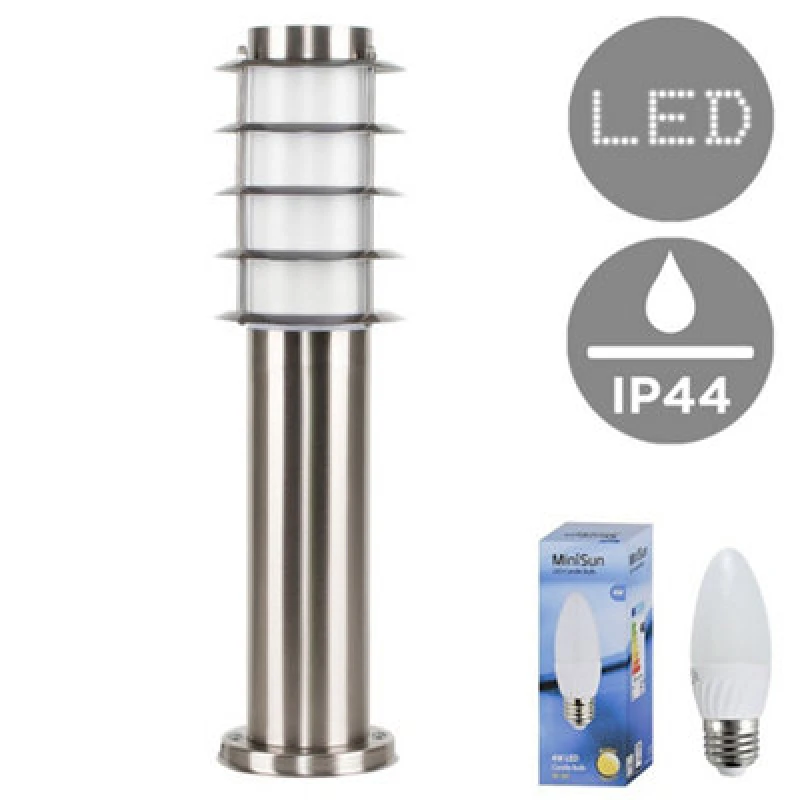 Image of Valuelights Wharf Modern Outdoor Stainless Steel 450mm Bollard Lantern Light Post - Includes 4W LED Candle Bulb 3000K Warm White