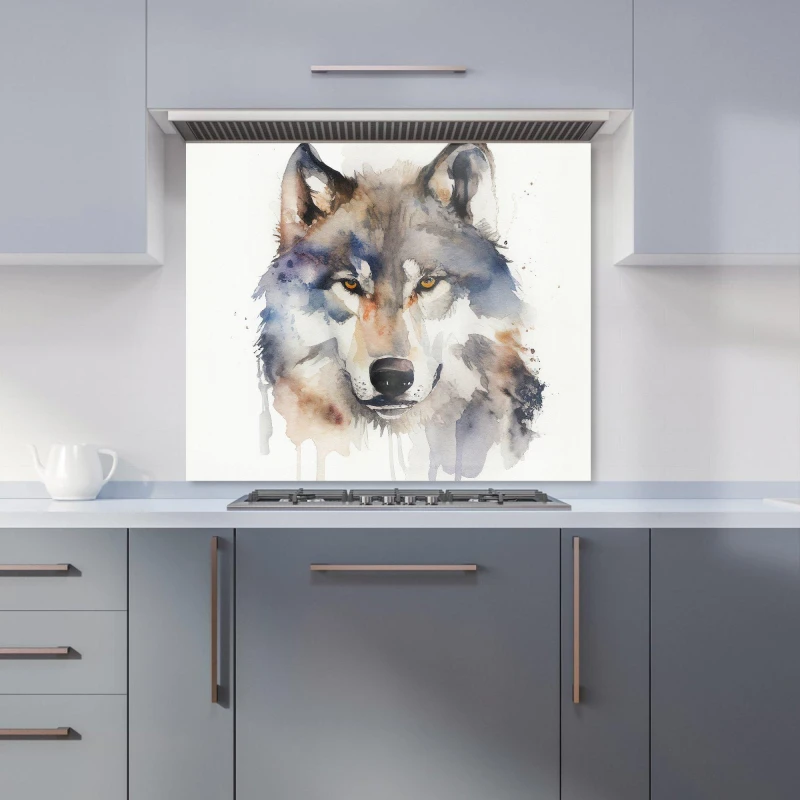 Image of Warren Reed - Designer Wolf Watercolour Kitchen Splashback in Brown Size: 700mm x 650mm Brown Unisex 700mm x 650mm