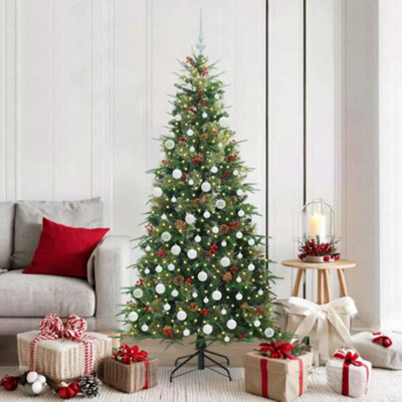 Image of vidaXL Artificial Hinged Christmas Tree with White Balls Green 180cm PE and PVC, Green 3397422