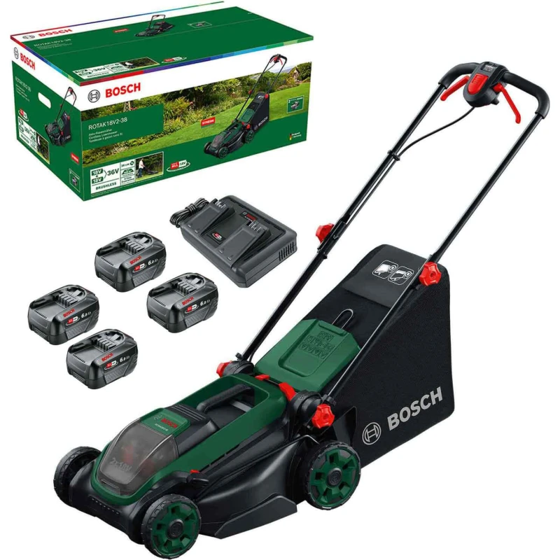 Image of Bosch ROTAK 18V2-38 P4A 36v Cordless Brushless Rotary Lawnmower 380mm 4 x 6ah Li-ion Twin Battery Charger ROTAK 18V2-38