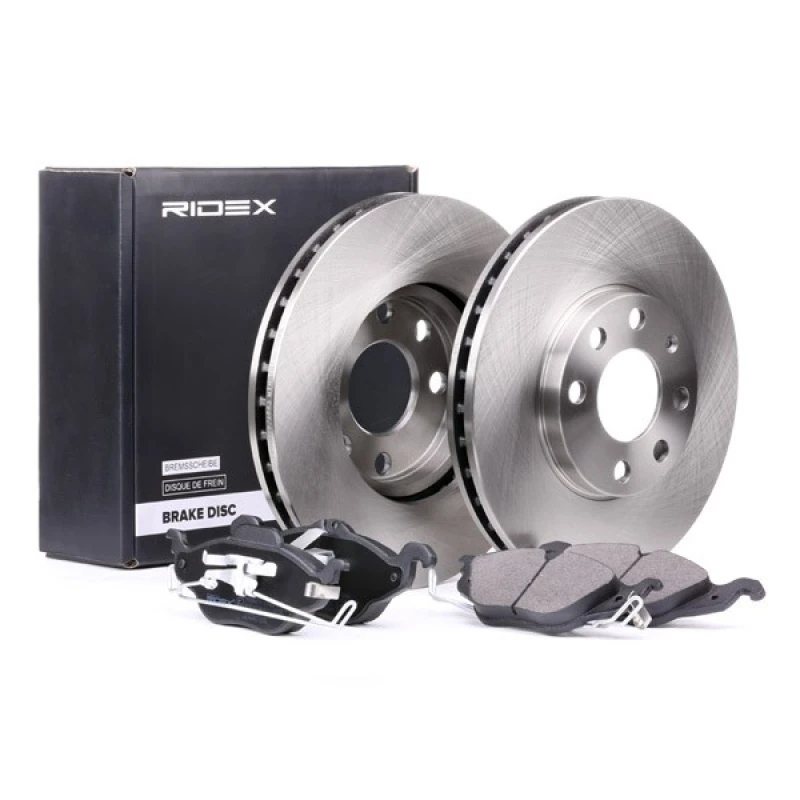 Image of RIDEX 3405B0016 Brake disc and pads set Front Axle, Brake Disc Type: Vented, with acoustic wear warning Brake Set,disc brakes (3405)