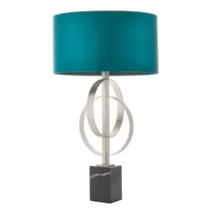 image of Antique Silver Table Lamp & Teal Satin Shade - Black Marble Base Desk Light