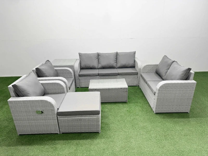 Image of Fimous PE Rattan Garden Furniture Set Adjustable Chair Sofa Double Love Seat 2 Seater Sofa Lounge Set Oblong Coffee Table Big Footstool Side Table Lig