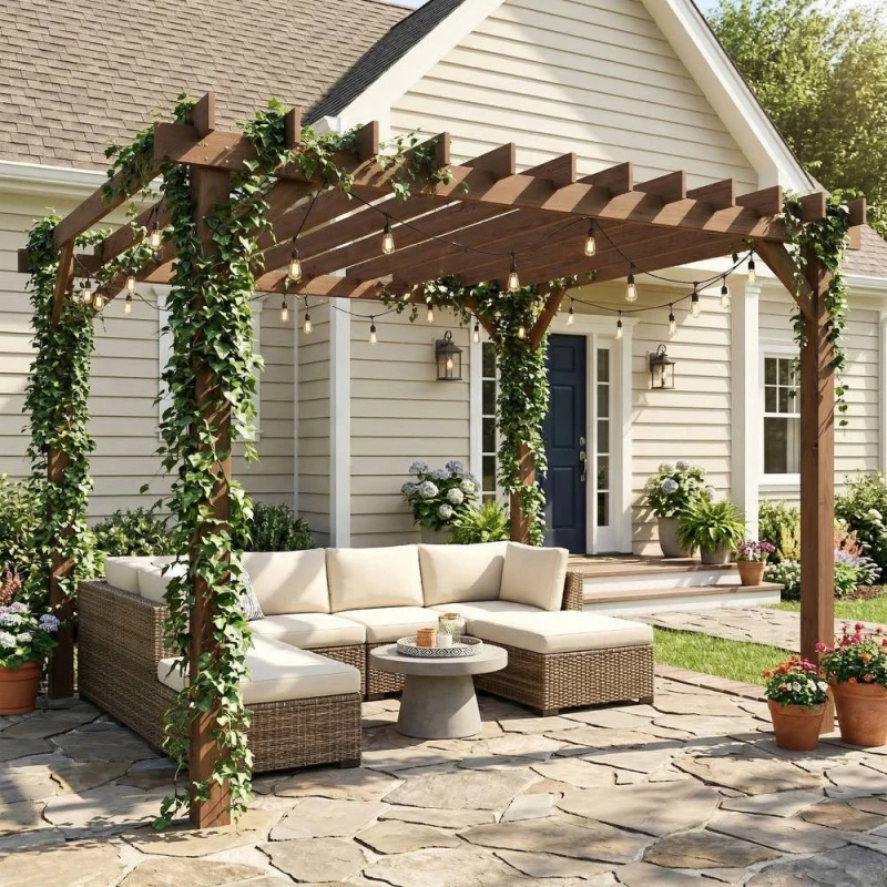Image of OUTSUNNY 3.6 x 3m Wooden Pergola Gazebo Grape Trellis, Maple Wood-effect in Natural Size: 3m x 3m Natural Unisex 3m x 3m