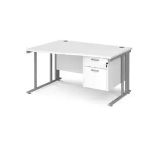 image of Office Desk Left Hand Wave Desk 1400mm With Pedestal White Top With Silver Frame Maestro 25 MCM14WLP2SWH