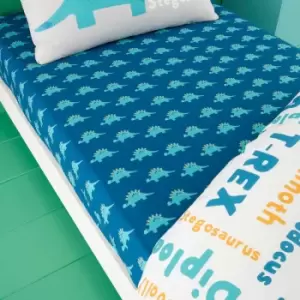 Image of D Is For Dino Print Childrens 100% Cotton Fitted Sheet, Blue, Cot, 2 Pack - Cosatto
