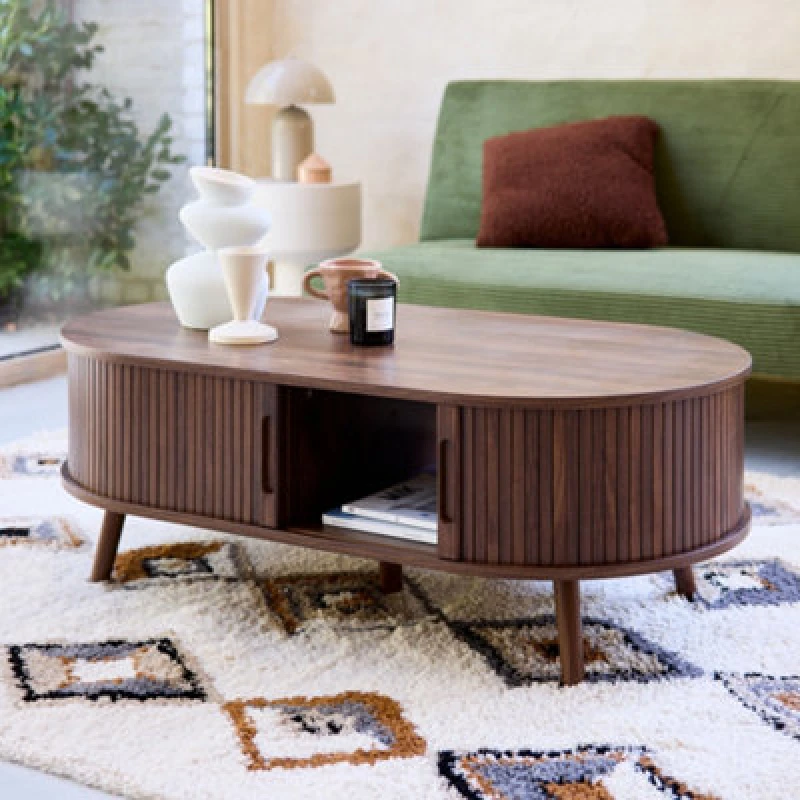 Image of Sweeek - Coffee Table With Sliding Doors And Grooved Wooden-Effect Compartments Legacy Walnut 110X59X39 Cm