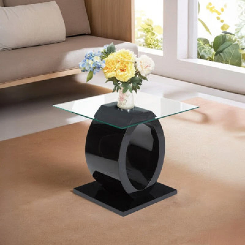 Image of Premier Housewares Interiors by Premier Modern O Shaped Wooden Side Table, Glass Top Wood Side Table, Black Bedside Table, Tempered Glass Side Table B