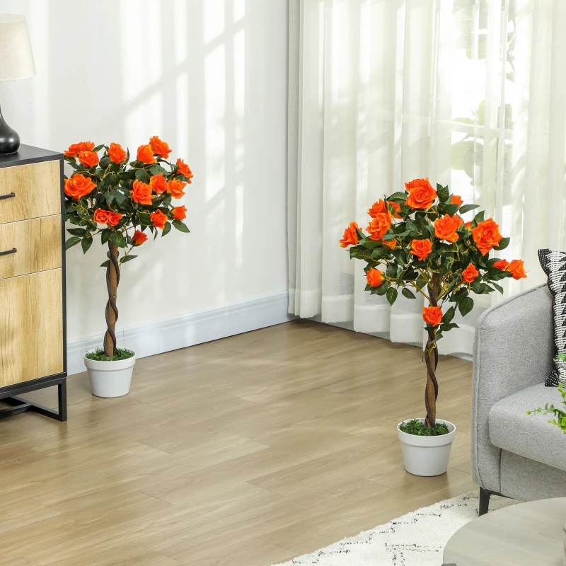 Image of Outsunny Set of 2 90cm Artificial Rose Tree - Fake Decorative Plant - Orange and Green TJ Hughes Yellow 5061025081820