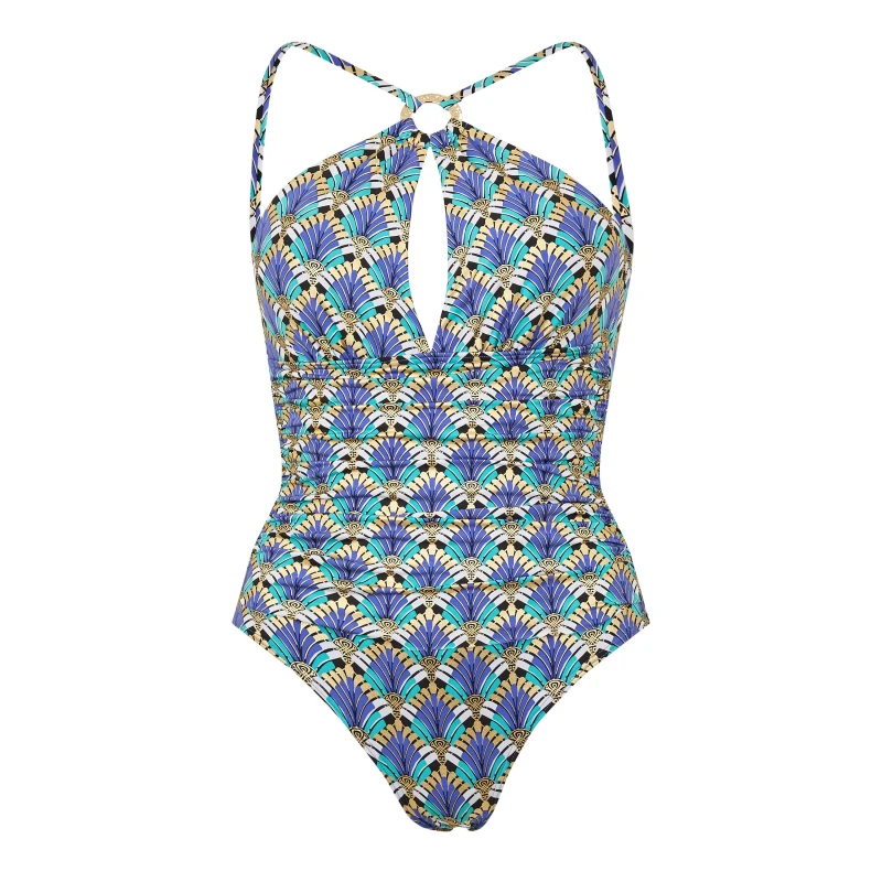 Image of Biba Womens Plunge Swimsuit Deco Fan Print female 8 (XS)