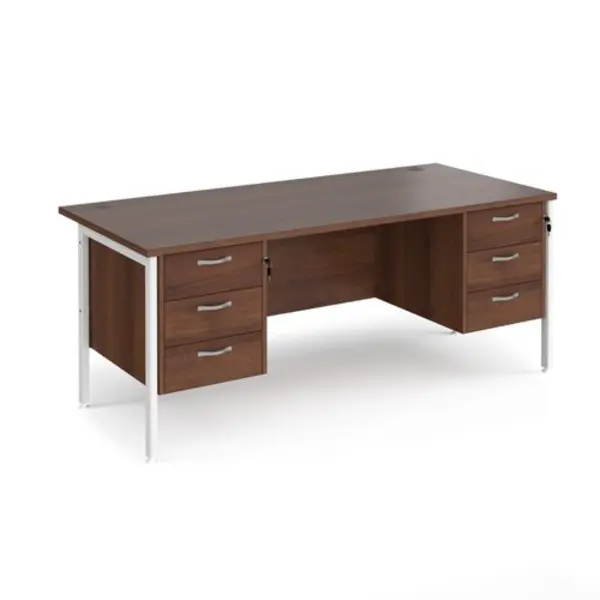 image of Office Desk Rectangular Desk 1800mm With Double Pedestal Walnut Top With White Frame 800mm Depth Maestro 25 MH18P33WHW