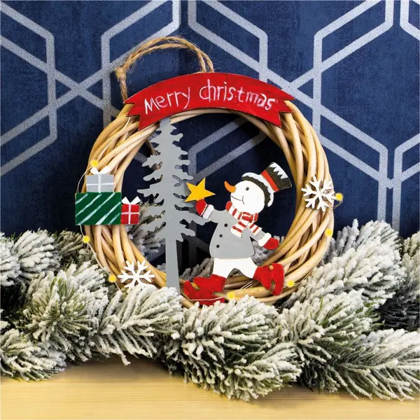 image of Festive Wicker Christmas Wreath with Snowman Design and LED String Light Battery Powered ELV-055658