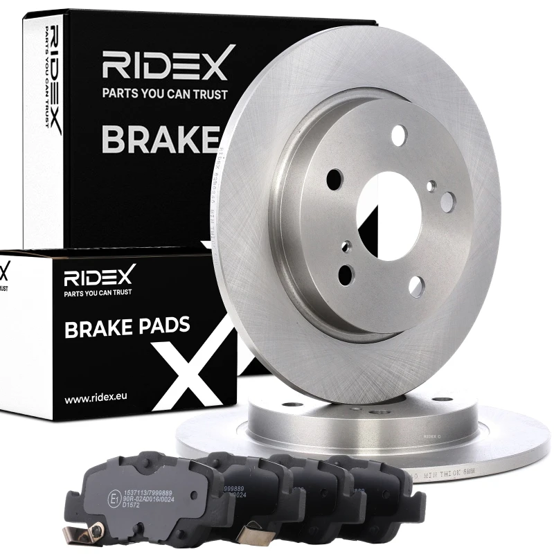 Image of RIDEX 3405B0941 Brake disc and pads set Rear Axle, Brake Disc Type: Solid, with acoustic wear warning Brake Set,disc brakes (3405)