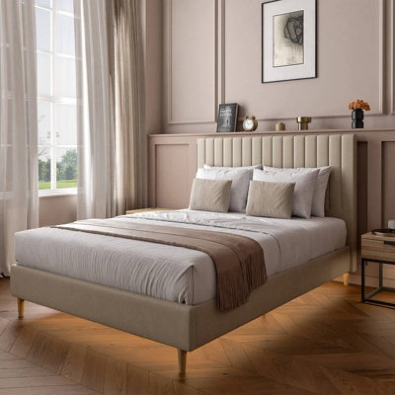 Image of X Rocker Xr Living Maisie Velvet Bed Frame With Under Frame LED Lights - King Bed - Natural Stone
