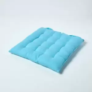 image of Light Blue Plain Seat Pad with Button Straps 100% Cotton 40 x 40cm - Homescapes