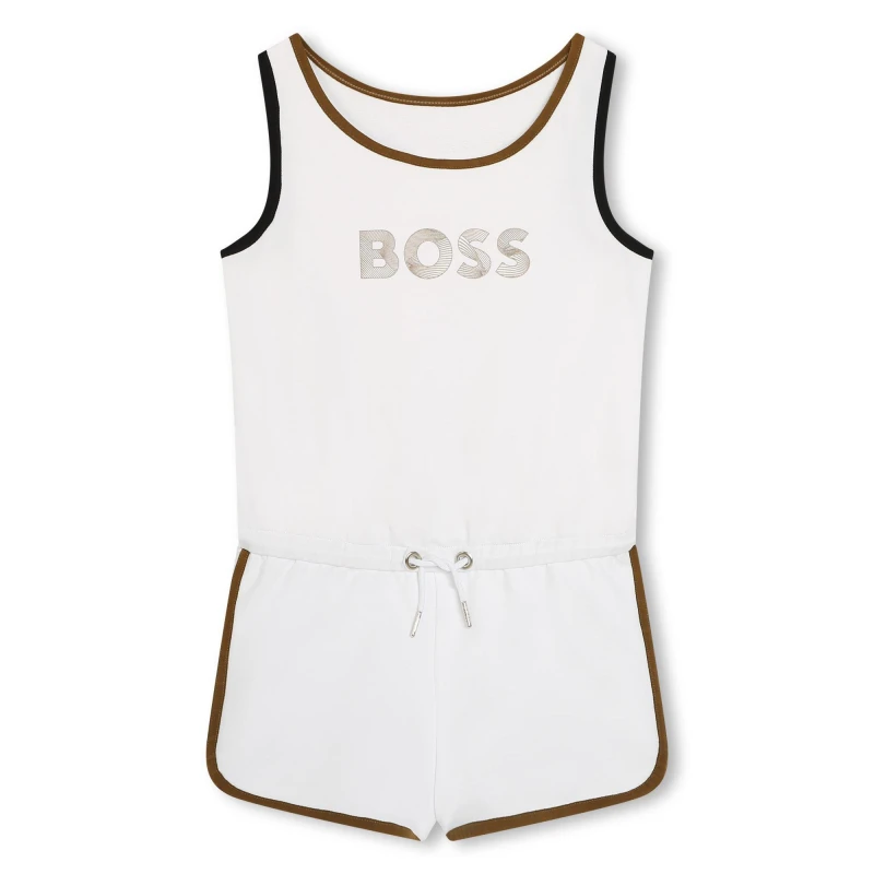 Image of Boss Junior Logo-Print Cotton Playsuit - White White 8 - 9 Years