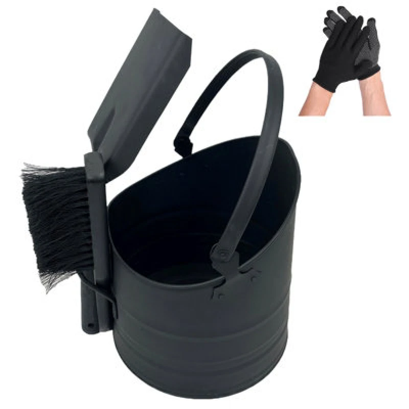 Image of Gr8 Home Metal 10L Coal Bucket Brush Shovel Set Charcoal Fireside Bin Ash Log Scuttle Hod Black