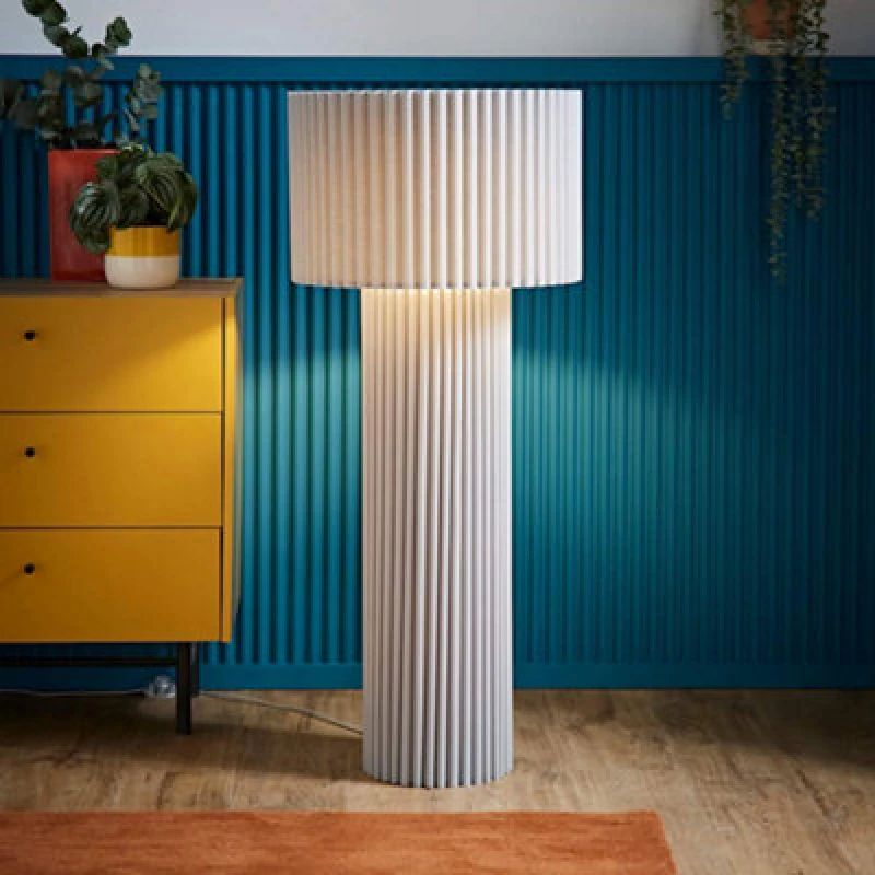 Image of ValueLights ValueLights Lenny Drum Lamp Shade Colour Drench Ribbed Full Fabric Midi Floor Lamp in Stone Stone One Size Unisex 5016529272274