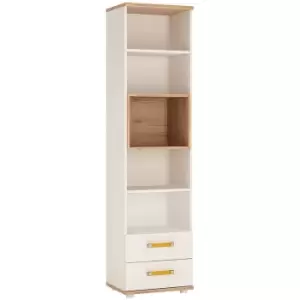 image of 4Kids Tall 2 Drawer Bookcase in Light Oak and white High Gloss (orange handles) - Light Oak and white High Gloss (orange handles)