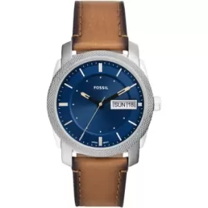 Image of Fossil Machine Three-Hand Day-Date Blue Face Tan Leather Watch