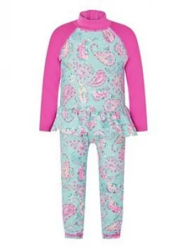 image of Monsoon Baby Girls S.E.W. Paisley Frill Sunsafe Suit - Turquoise Size 0-3 Months