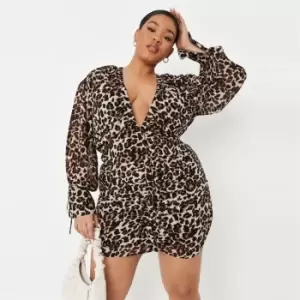 Missguided Ruched Mini Dress Ls Leopard - Brown