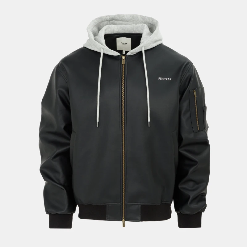 Image of Firetrap Hood PU Jacket Mens Black male S
