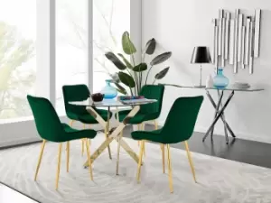 Image of Novara 100cm Round Tempered Glass Dining Table with Gold Legs & 4 Pesaro Velvet Chairs