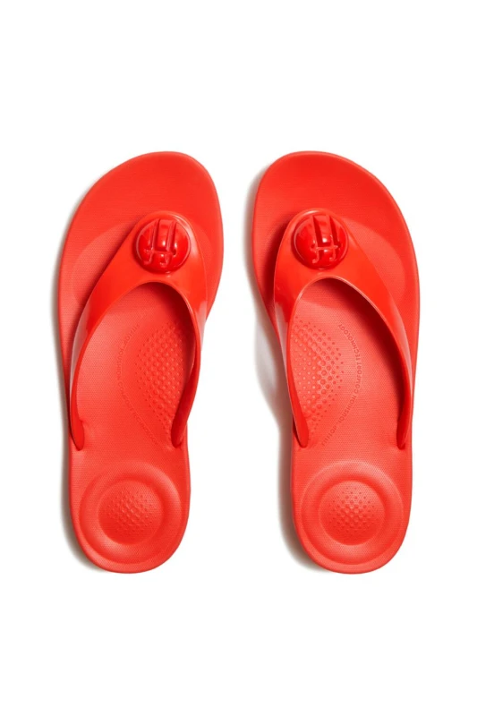 Image of FitFlop Womens Iqushion Glossy-Button Flip-Flops Red Size: 5 Red Female 5