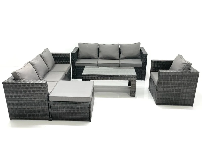 Image of Fimous Rattan Garden Furniture Set Outdoor 8 Seater Patio Conversation Sets with Glass Top Coffee Table Dark Grey