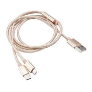 image of Akasa 2-in-1 USB 2.0 Type-A to Micro-B / Type-C cable 1.2m Braided, Gold