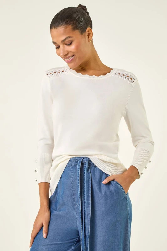 Image of Roman Womens Scalloped Neck Knit Jumper in Ivory Size: 10 Ivory Female 10