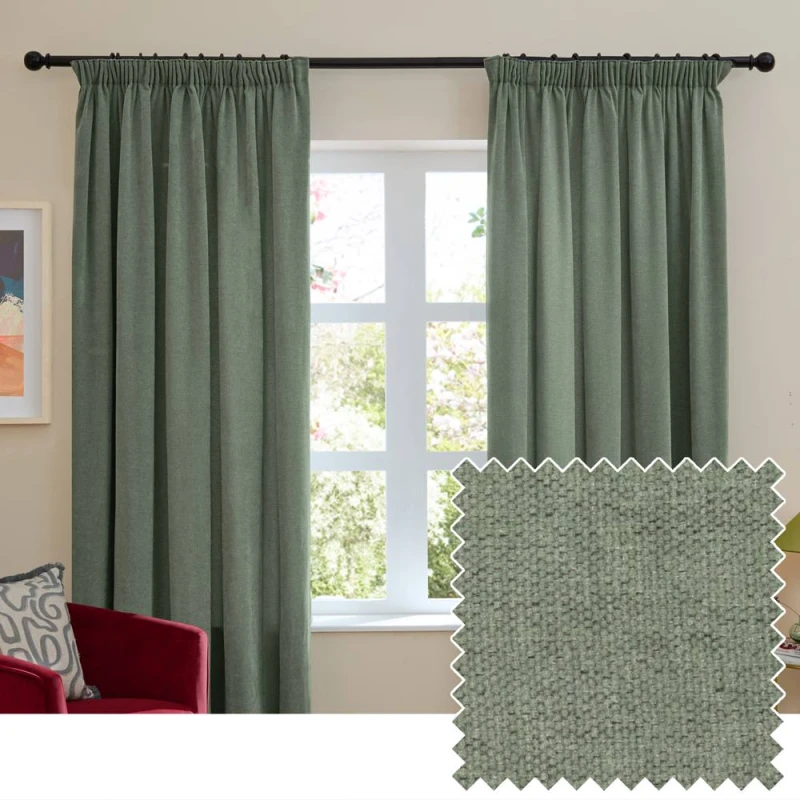 Image of Furn Soft Chenille Blackout Pencil Pleat Curtain Pair in Green Size: 229cm width x 229cm drop Green Unisex 229cm width x 229cm drop