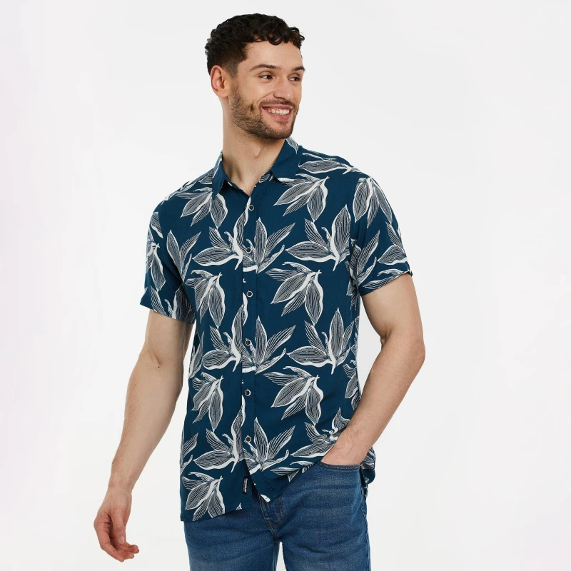 Image of Threadbare 'Foliage' Leaf Print Short Sleeve Shirt Navy male