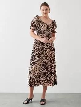 Image of Dorothy Perkins Animal Print Shirred Waist Midi Dress - Black, Size 12, Women