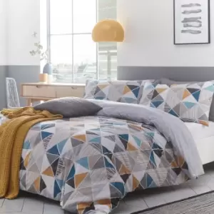 image of Harlequin Geometric Duvet Cover Set Grey/Ochre/Teal, Grey/Ochre/Teal / Double