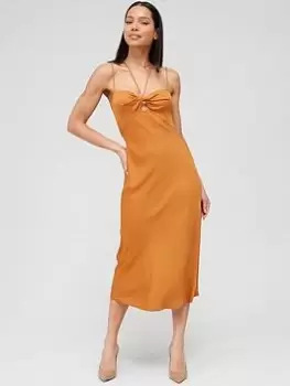 Image of Calvin Klein Micro Strap Twist Front Slip Dress - Brown, Size 40, Women