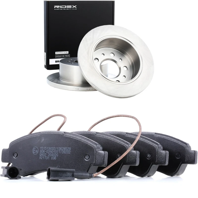 Image of RIDEX 3405B3391 Brake disc and pads set Rear Axle, Brake Disc Type: Solid, incl. wear warning contact Brake Set,disc brakes (3405)