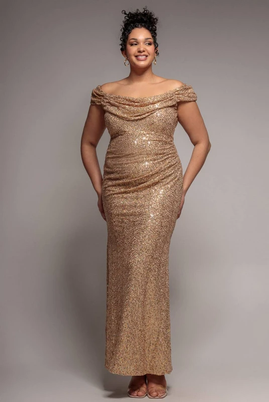 Image of Goddiva Womens Cap Sleeve Iridescent Sequin Cowl Maxi Dress in Gold Size: 18 Gold Female 18