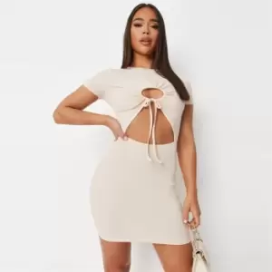 image of Missguided Ribbed Keyhole Mini Dress - Cream